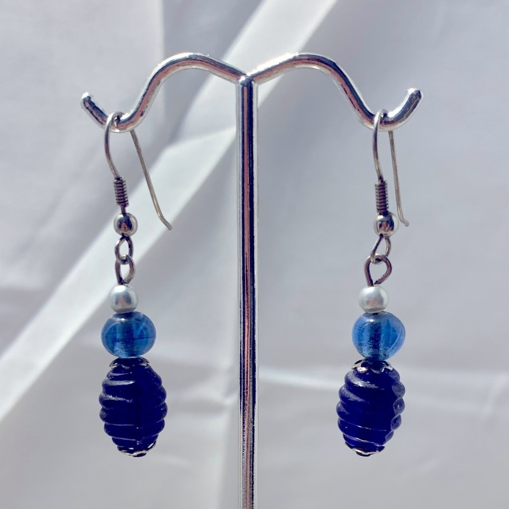 Blue & Silver Beaded Dangle Earrings